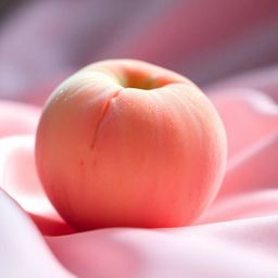Experience an intense, dramatic close-up ASMR image featuring a soft, blushing pink peach resting on silky pastel pink fabric
