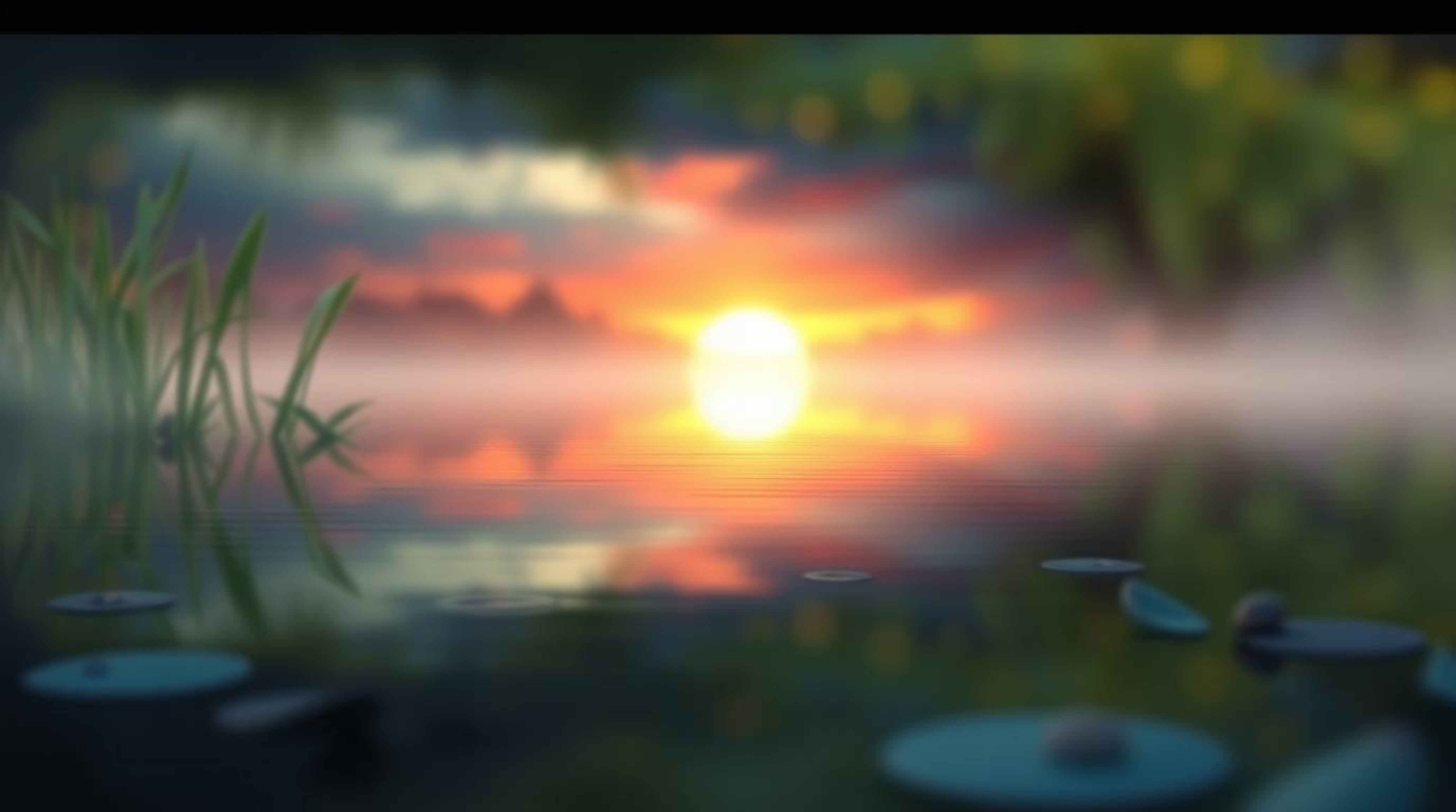 This digital painting captures the serene beauty of a calm pond reflecting a vibrant sunset. The blurred bokeh effect enhance