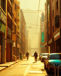 A captivating pixelated glitch image depicts a cyberpunk street bathed in a neon haze.  Earth tones, vibrant browns, and beig