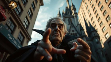 A candid street photography-style image captures a disheveled Disney villain casting a spell in a partially obscured castle. 