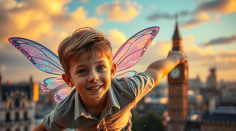 A captivating scene featuring a young boy with refined features and light skin, illuminated by iridescent colors, gracefully 