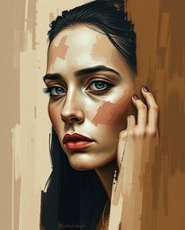 A striking portrait blending bold acrylic techniques with digital glitch art, featuring pixelated corruption and textured bru