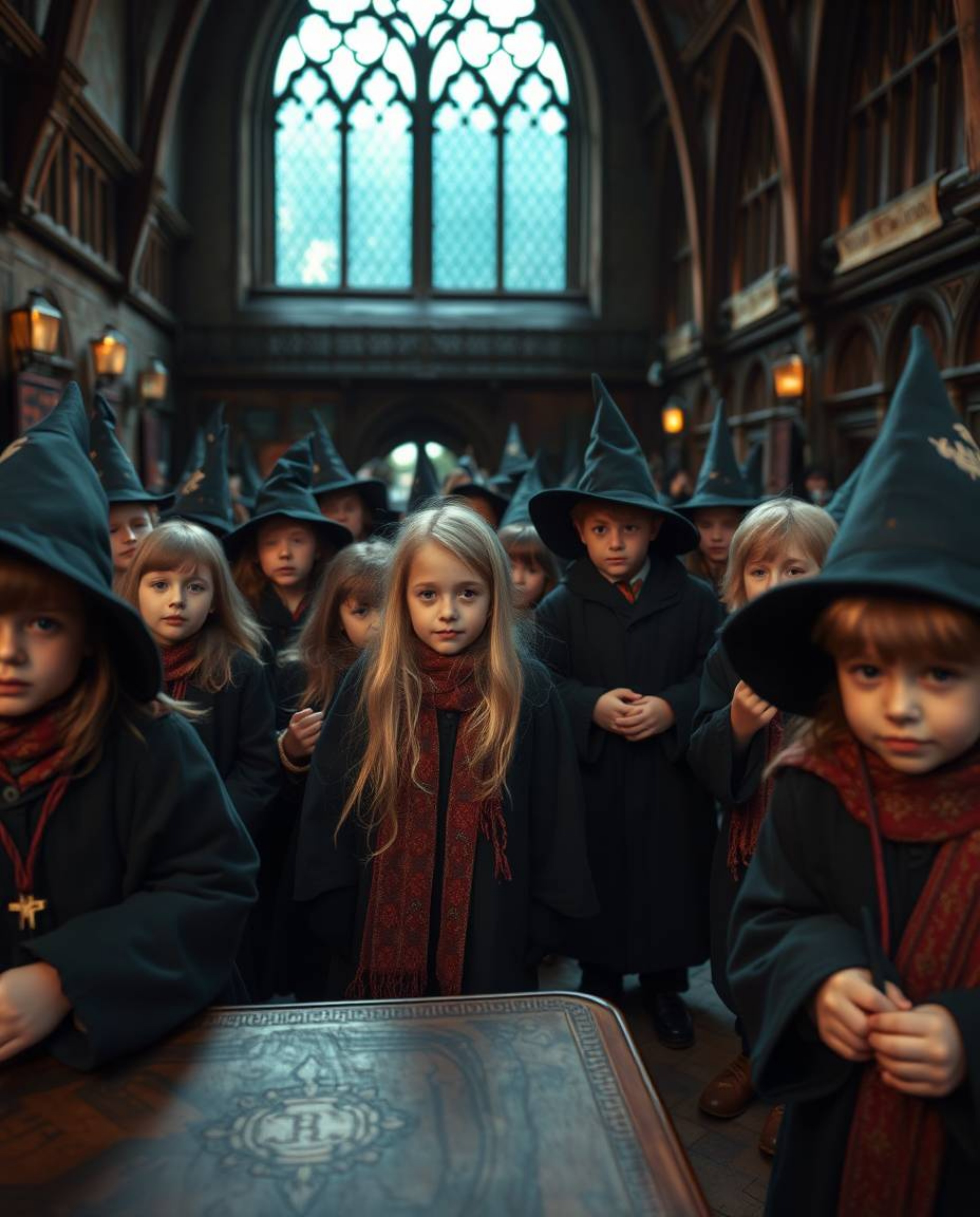 A breathtaking fine art photograph captures a magical school brimming with young wizards, rendered in a warm yet subtly dark 