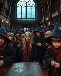 A breathtaking fine art photograph captures a magical school brimming with young wizards, rendered in a warm yet subtly dark 