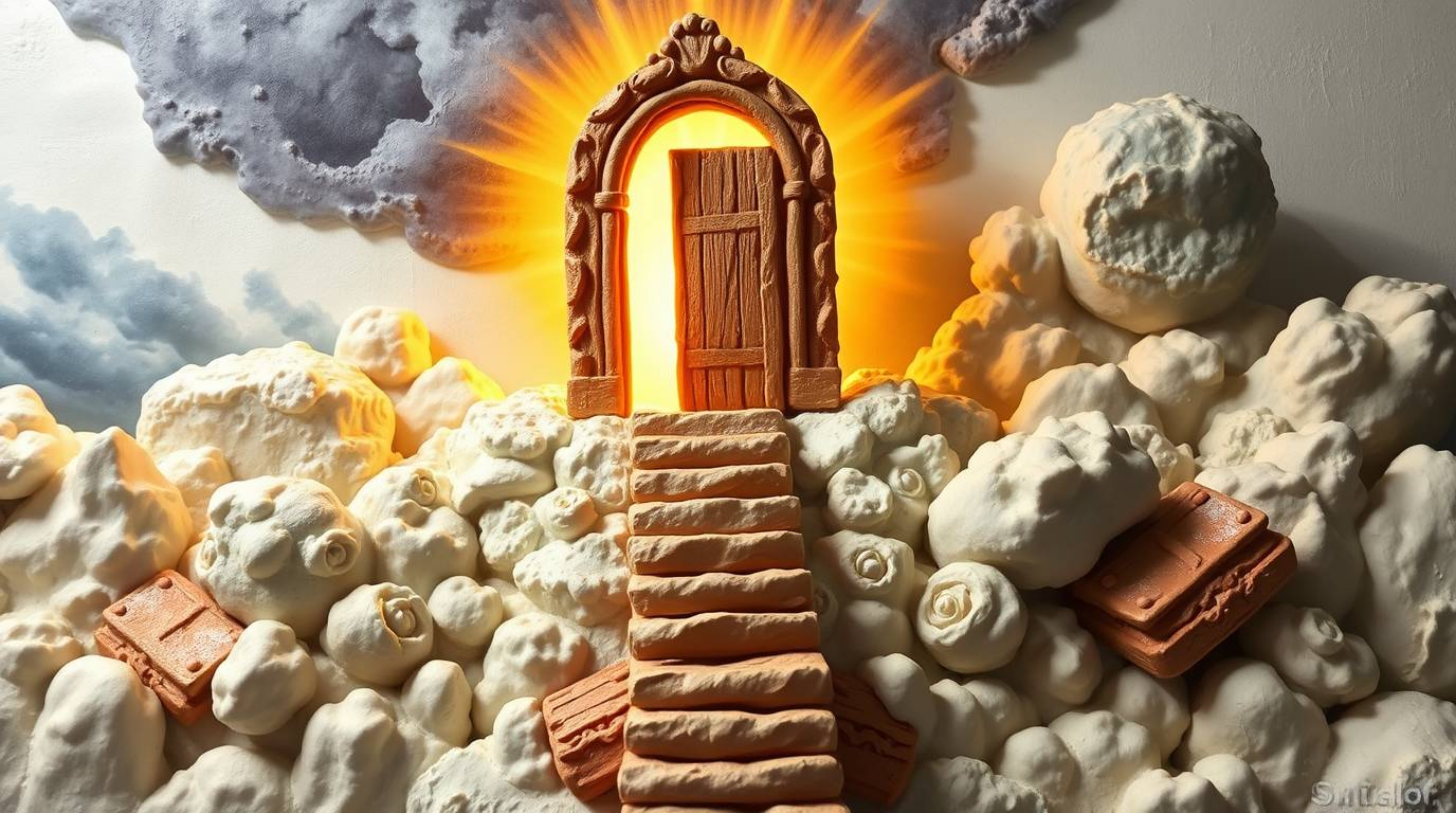 Explore breathtaking sculptural clay artwork depicting a heavenly gate floating above clouds, with stairs leading upwards. Go