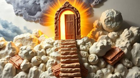 Explore breathtaking sculptural clay artwork depicting a heavenly gate floating above clouds, with stairs leading upwards. Go