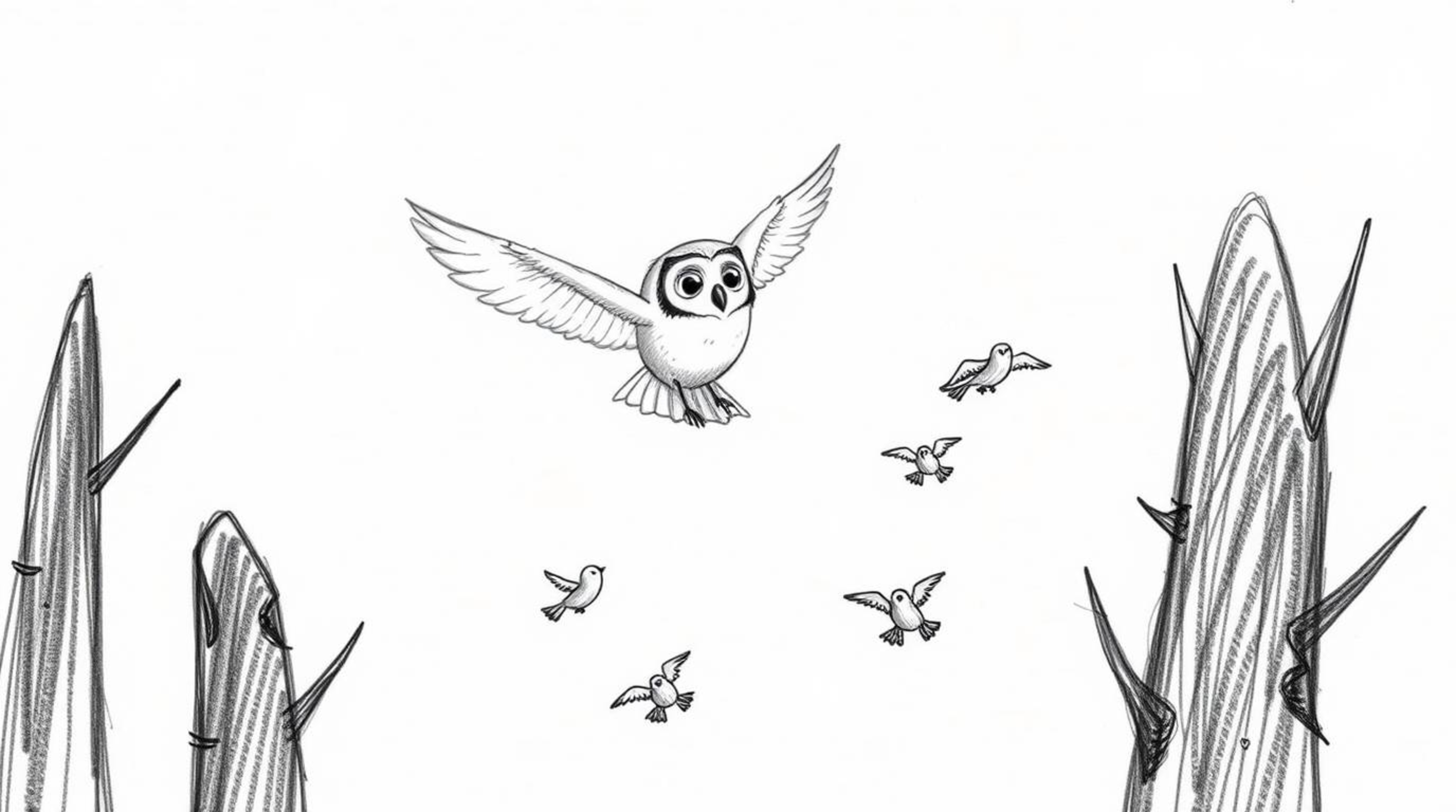 A charming hand-drawn illustration in the style of Pixar depicts a blind owl gracefully gliding between trees, guiding a floc