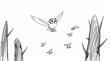 A charming hand-drawn illustration in the style of Pixar depicts a blind owl gracefully gliding between trees, guiding a floc