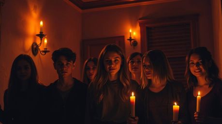A group of teenagers unravels a chilling mystery within the walls of a haunted mansion, bathed in the warm glow of flickering