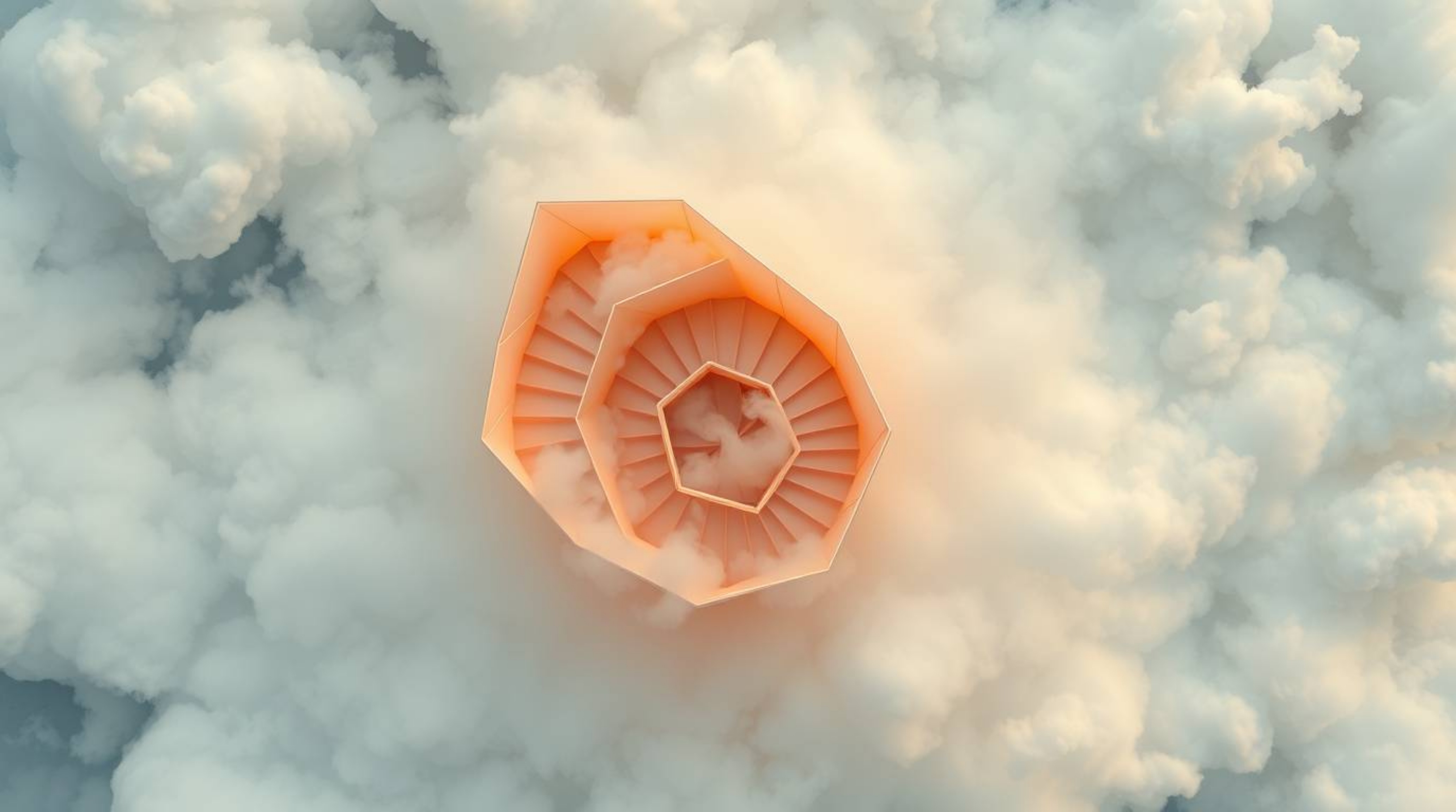 A captivating overhead shot depicts a winding stairway crafted from smoke and light, reminiscent of intricate origami.  The g