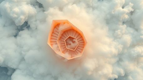 A captivating overhead shot depicts a winding stairway crafted from smoke and light, reminiscent of intricate origami.  The g