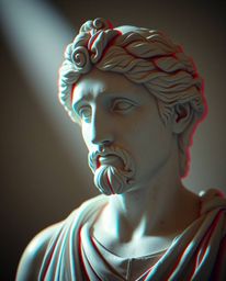 A captivating fine art photograph showcases a classical sculpture imbued with a vibrant glitch effect.  The image features a 