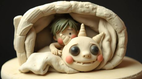 A heartwarming clay sculpture depicts a charming child and a friendly monster sharing a space under the bed.  Modeled with so