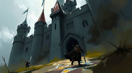 Explore a dynamic digital sketch of a thief infiltrating a heavily guarded castle, rendered in a low-angle perspective. The a
