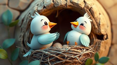 Experience the whimsical charm of fine art photography with this unique image of two cartoon birds building a nest in a class