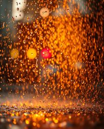 Immerse yourself in a captivating wet rainy scene bathed in a warm golden glow. Experience dynamic colorful splashes and refl