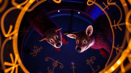 A captivating high-angle shot of creative light art depicting two mischievous talking animals.  The abstract patterns and art