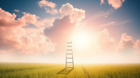 A vibrant and dreamy minimalist scene featuring a silver ladder standing in an open field beneath a wide, cloudy sky. This im