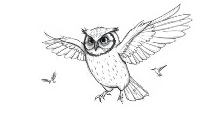 A captivating hand-drawn sketch in the style of Pixar depicts a wise, blind owl with subtly outstretched wings, guiding small