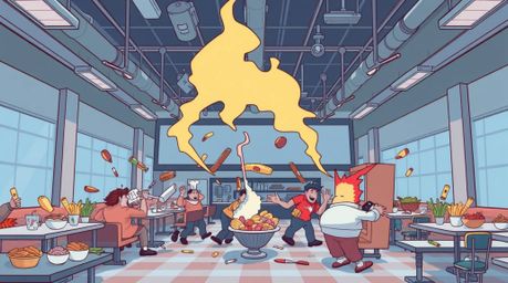 A vibrant architectural photograph depicts a chaotic food fight in a cartoon cafeteria.  The image showcases sharp lines, det
