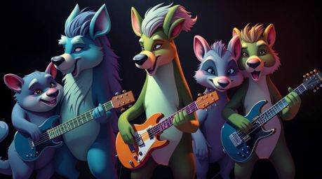 A captivating illustration of a rock band comprised of elegantly designed cartoon animals.  Illuminated by striking chiaroscu