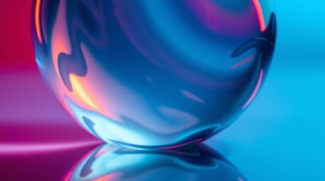 A dramatic cinematic style photograph showcasing a glass object reflecting smooth gradient textures, featuring vibrant comple
