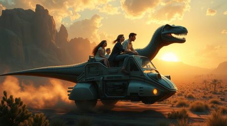 Witness a breathtaking masterpiece depicting a prehistoric family embarking on an exhilarating journey in a dinosaur-shaped c