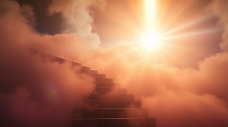 A captivating image depicts a surreal stairway ascending through ethereal smoky clouds towards a radiant celestial light.  Vo