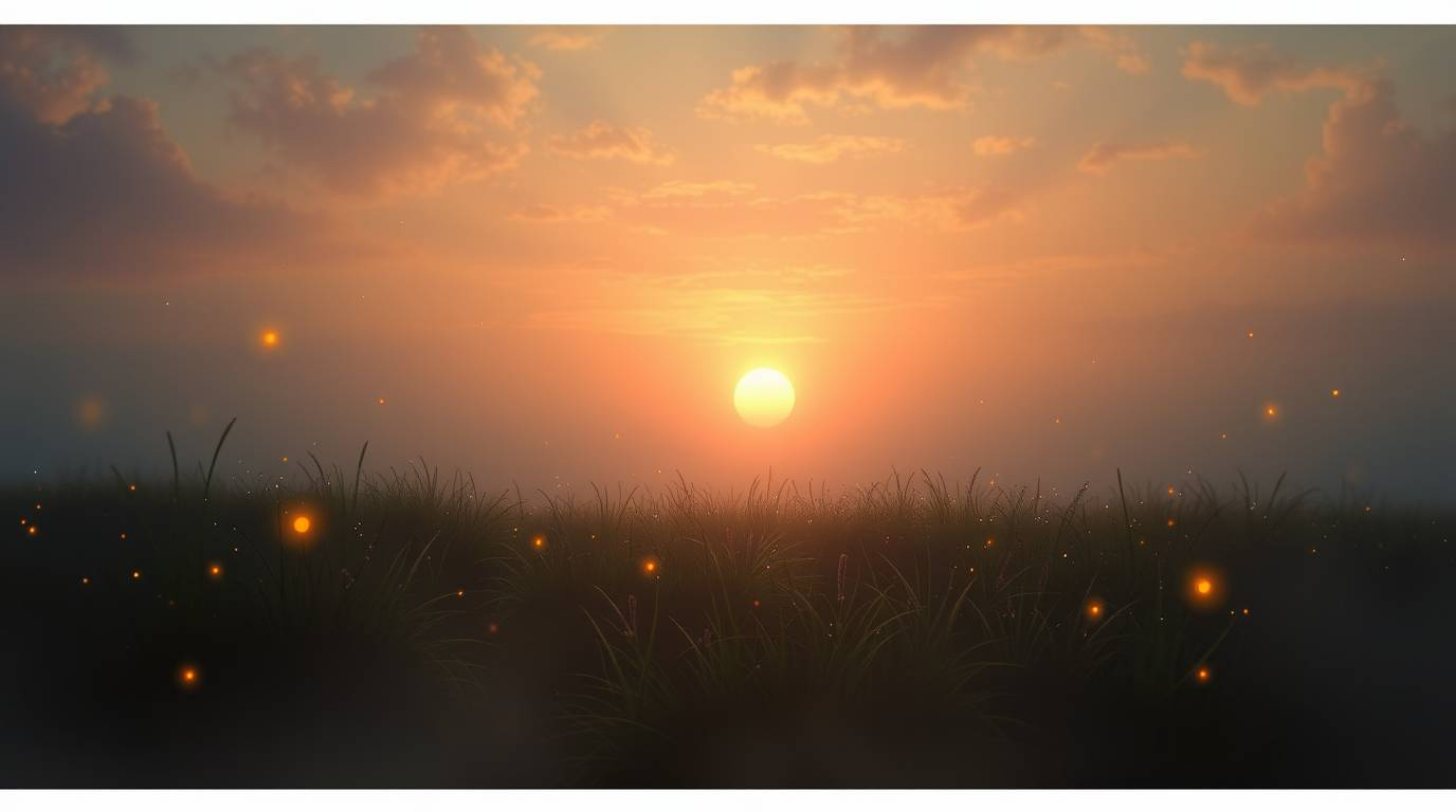 Experience a dreamlike scene of a surreal sunset over a tranquil meadow.  Watch as fireflies begin to appear, bathed in soft,