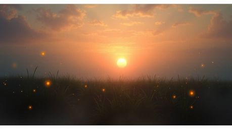 Experience a dreamlike scene of a surreal sunset over a tranquil meadow.  Watch as fireflies begin to appear, bathed in soft,