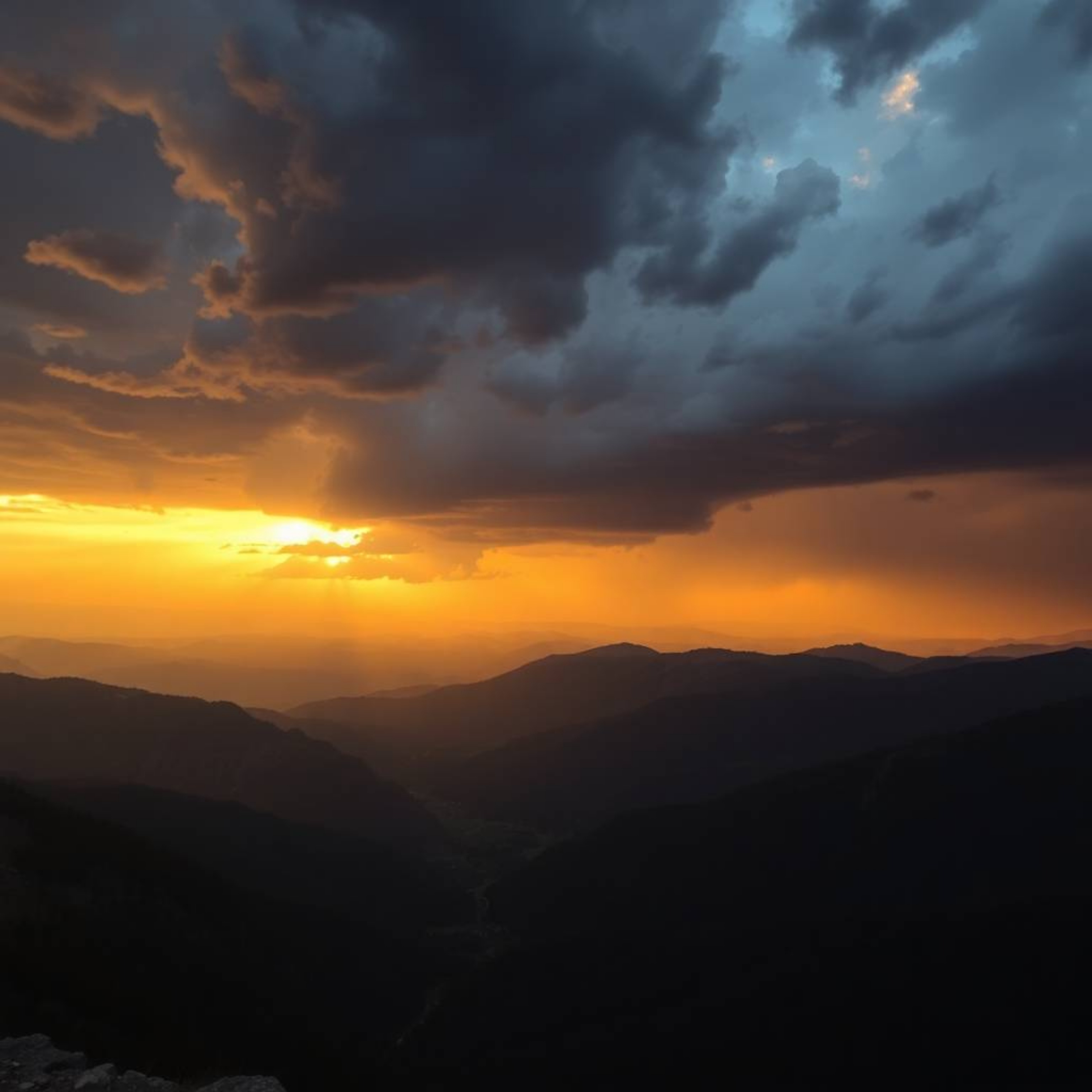 Experience the breathtaking beauty of a high-angle sunset over a serene mountain valley, dramatically enhanced by intense sto