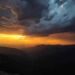 Experience the breathtaking beauty of a high-angle sunset over a serene mountain valley, dramatically enhanced by intense sto