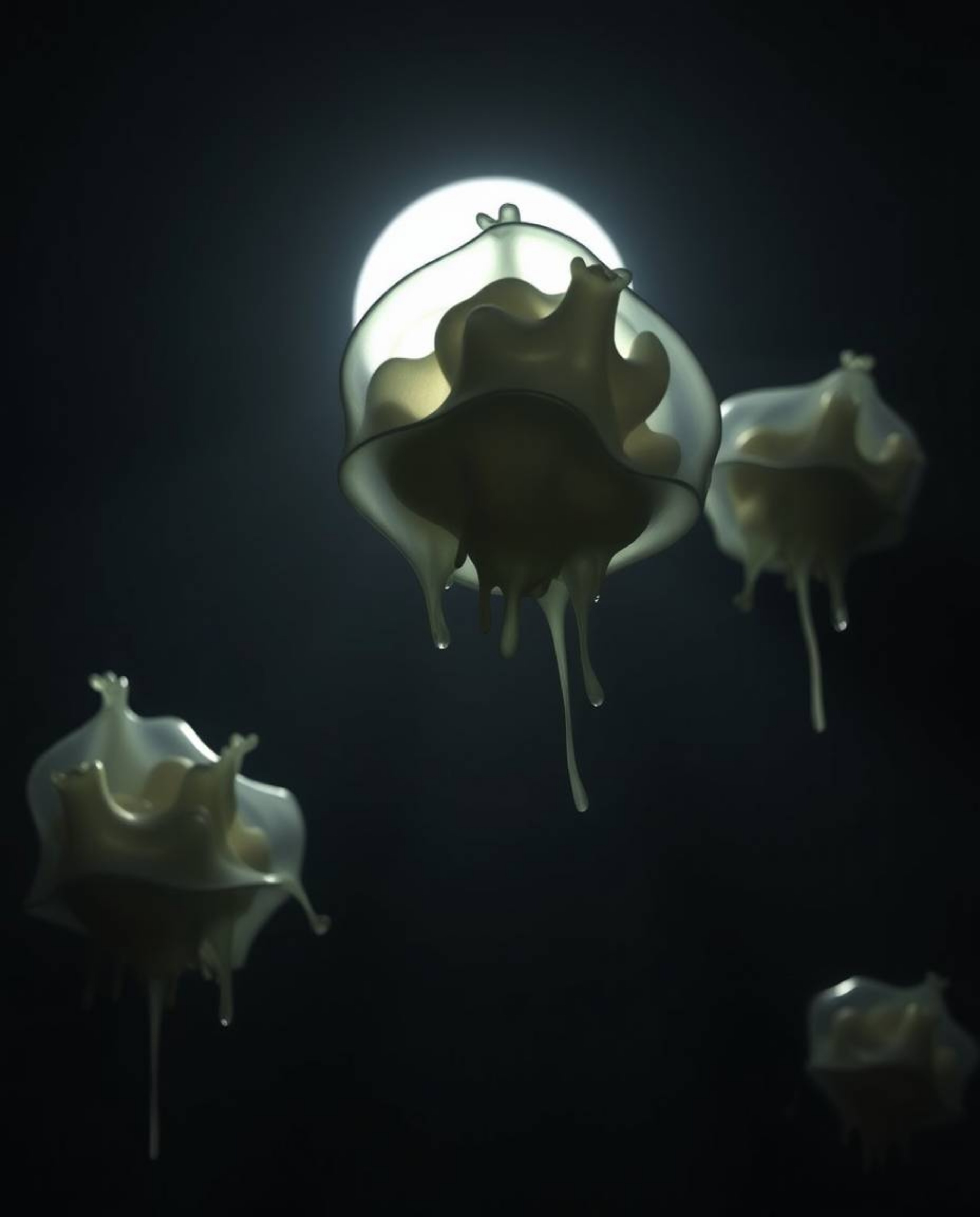 This artwork features a 3D render showcasing translucent fluid organic blobs floating in the vastness of space. An eerie atmo