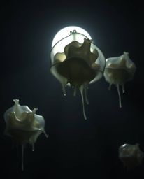 This artwork features a 3D render showcasing translucent fluid organic blobs floating in the vastness of space. An eerie atmo