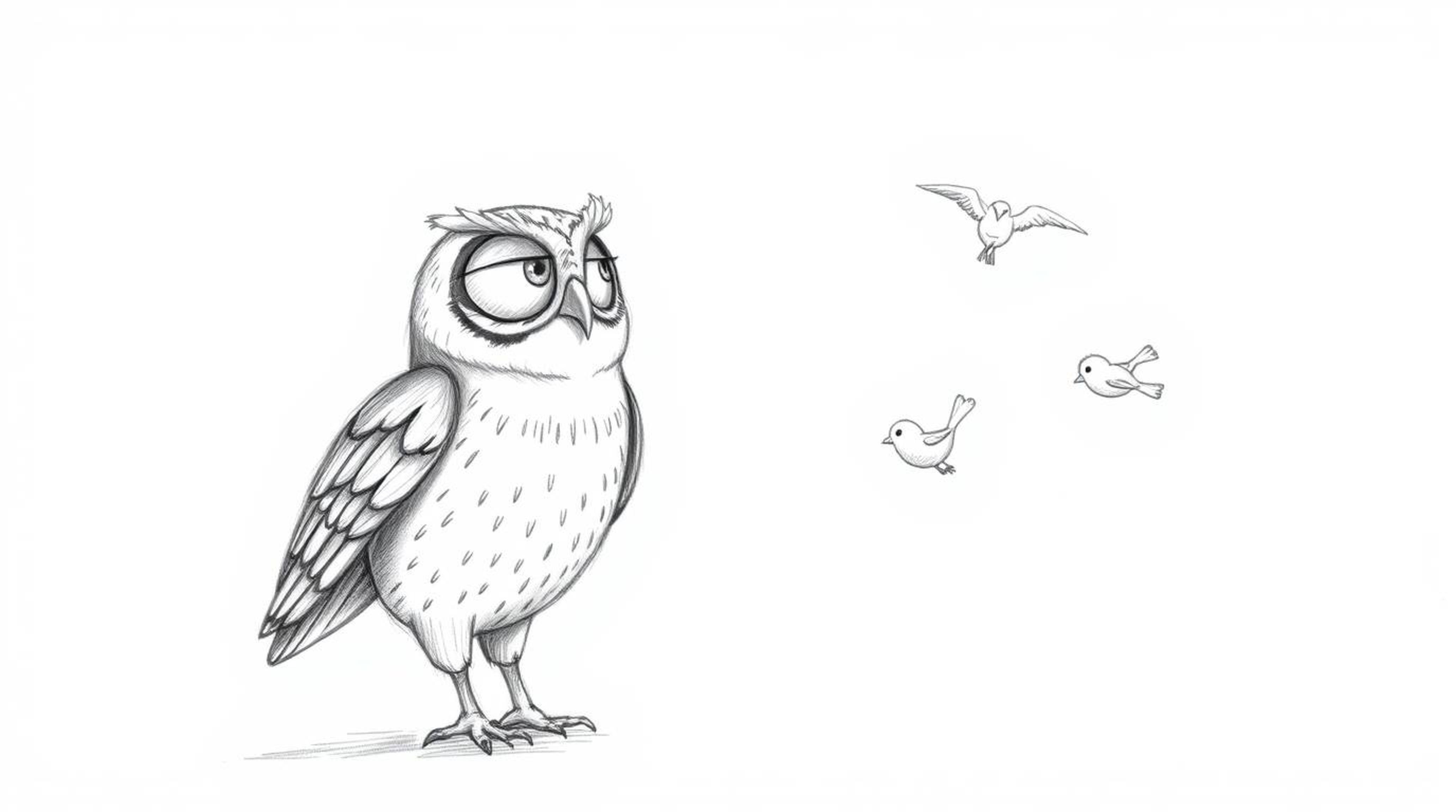 A heartwarming hand-drawn sketch in a textured pencil style depicts a blind owl, rendered in the style of Pixar animation, te