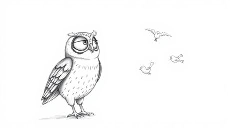 A heartwarming hand-drawn sketch in a textured pencil style depicts a blind owl, rendered in the style of Pixar animation, te