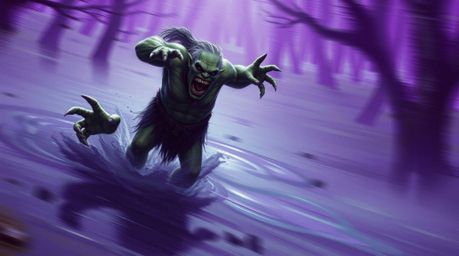A dynamic motion study showcases an ogre dancing energetically in a swamp, rendered with deep ultraviolet hues and vivid purp