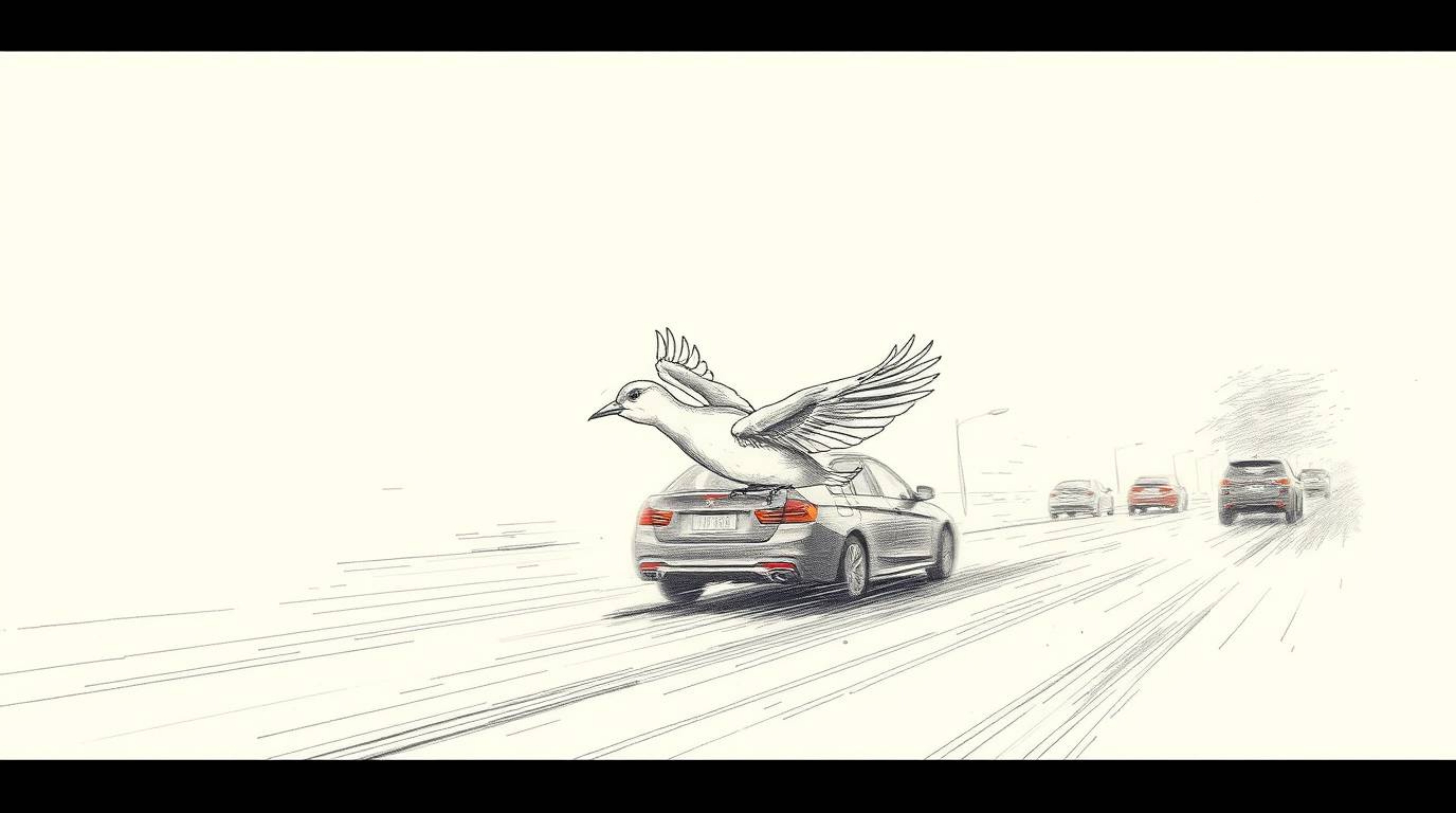 This stunning hand-drawn sketch captures a fast-running bird zooming past traffic in a surreal and captivating manner. The ar