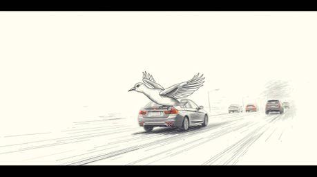 This stunning hand-drawn sketch captures a fast-running bird zooming past traffic in a surreal and captivating manner. The ar