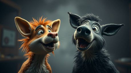 A captivating high-resolution stock photo depicts a duo of talking animals engaging in playful mischief.  Shot in a dramatic 