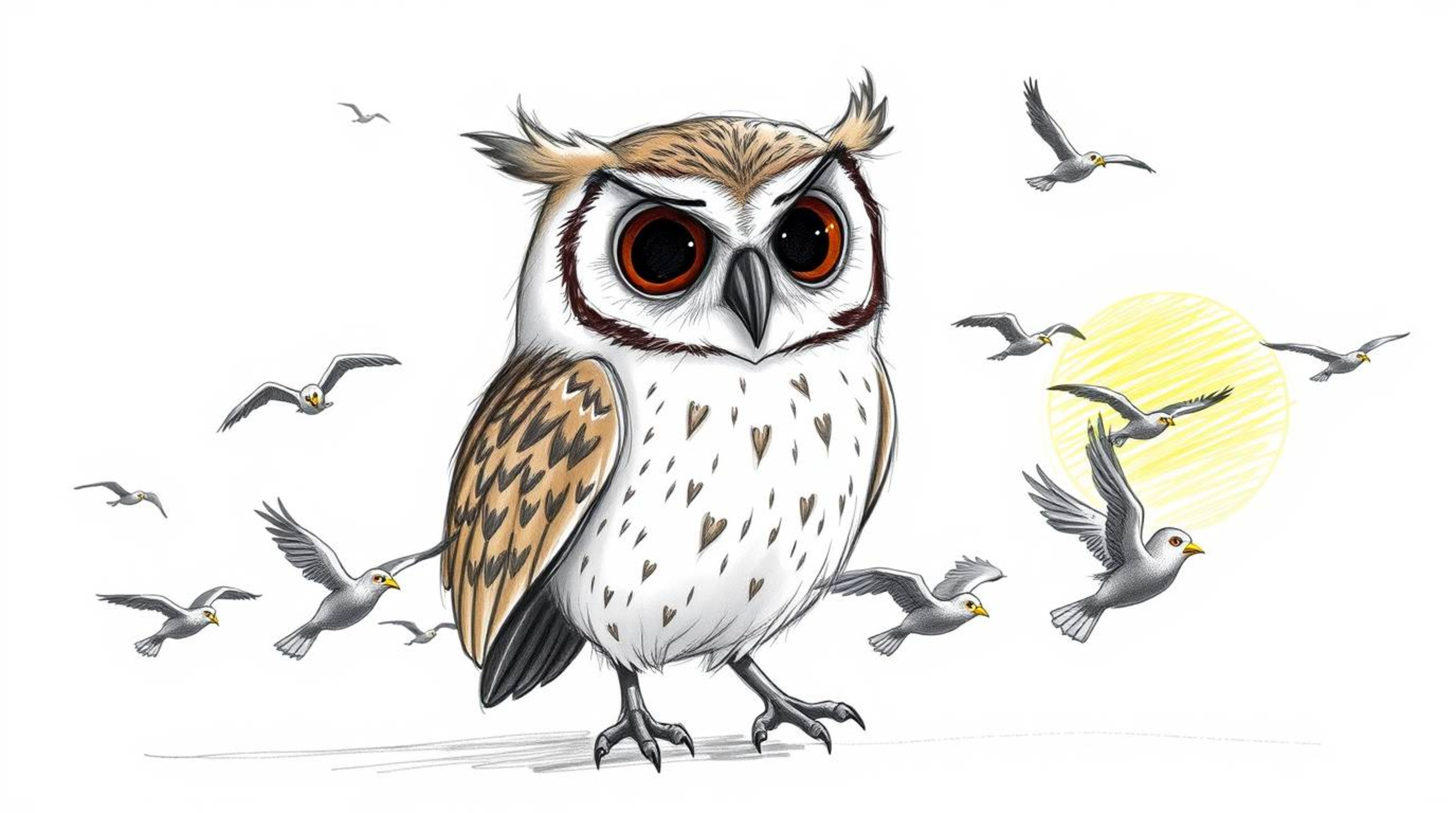 A heartwarming hand-drawn sketch in the style of Pixar depicts a blind owl with expressive eyes and soft feathers leading a c