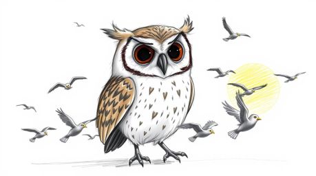 A heartwarming hand-drawn sketch in the style of Pixar depicts a blind owl with expressive eyes and soft feathers leading a c