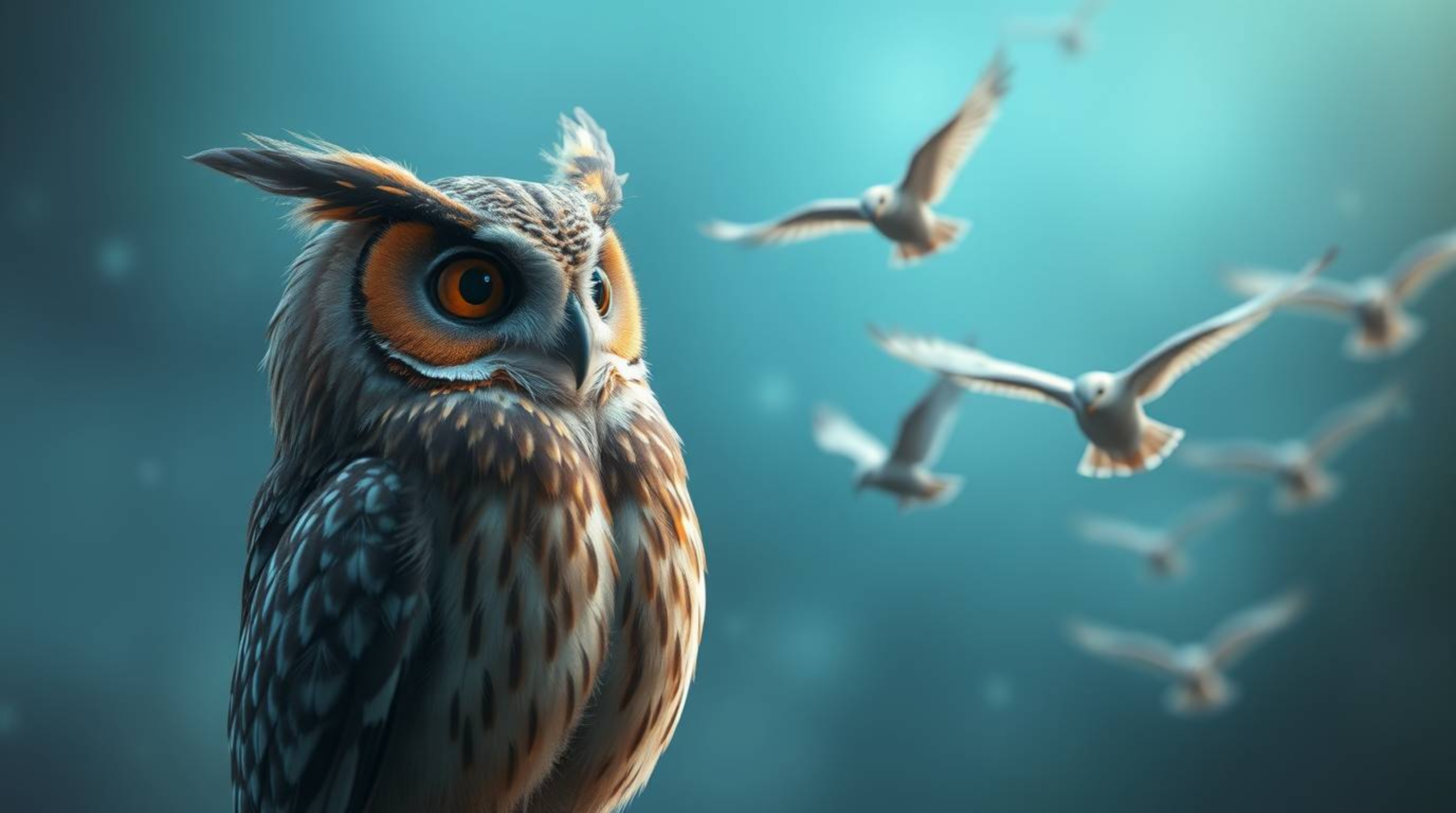 In a piece of long exposure photography with an ethereal and spiritual vibe, a blind owl created in a Pixar animation style w