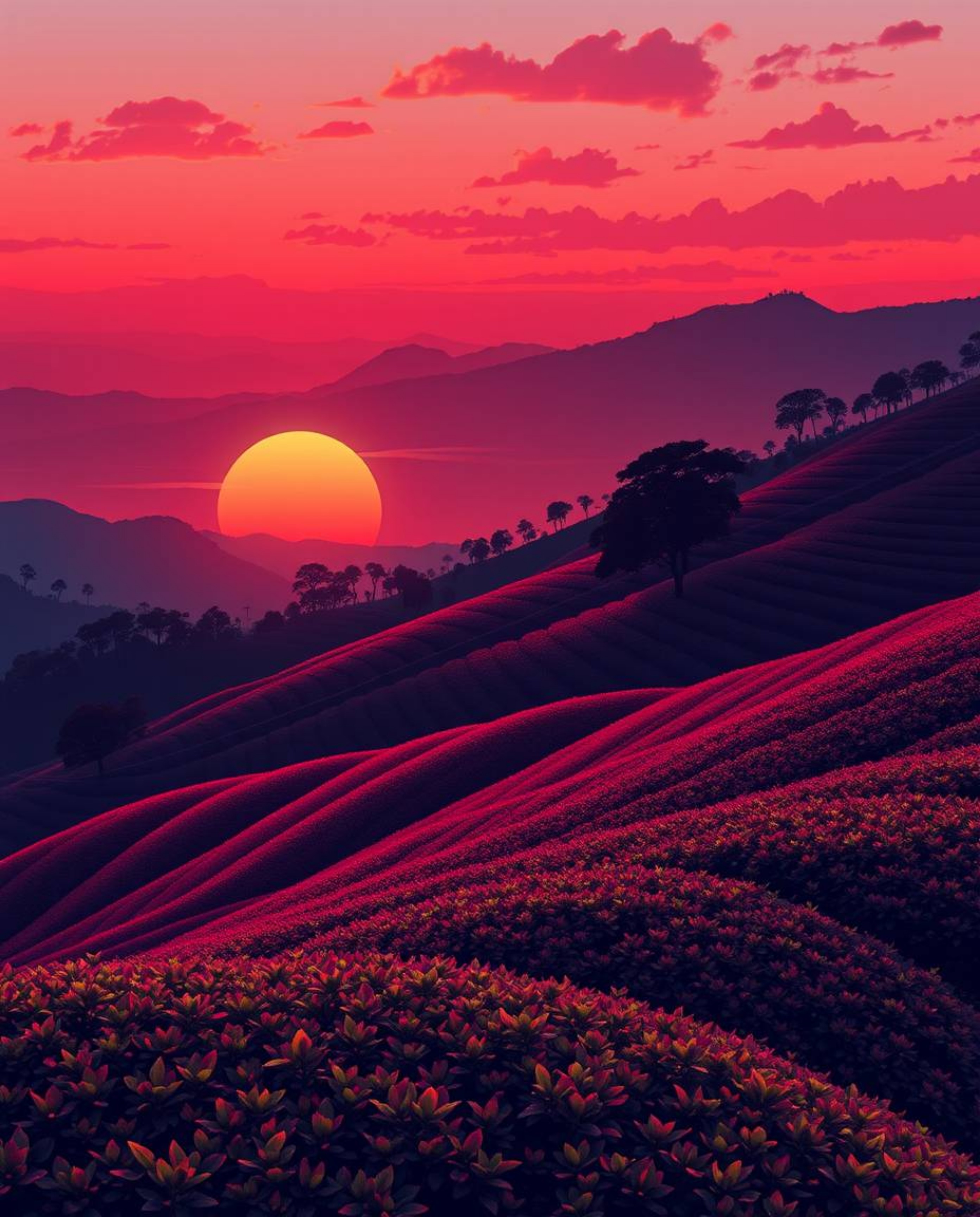 This is an elegant illustration depicting a beautiful sunset over terraced tea plantations. The artwork utilizes a sophistica