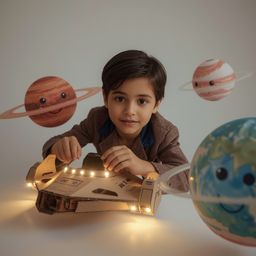 Exquisite high-fashion photography captures a boy with bright eyes building an intricately designed cardboard spaceship, comp