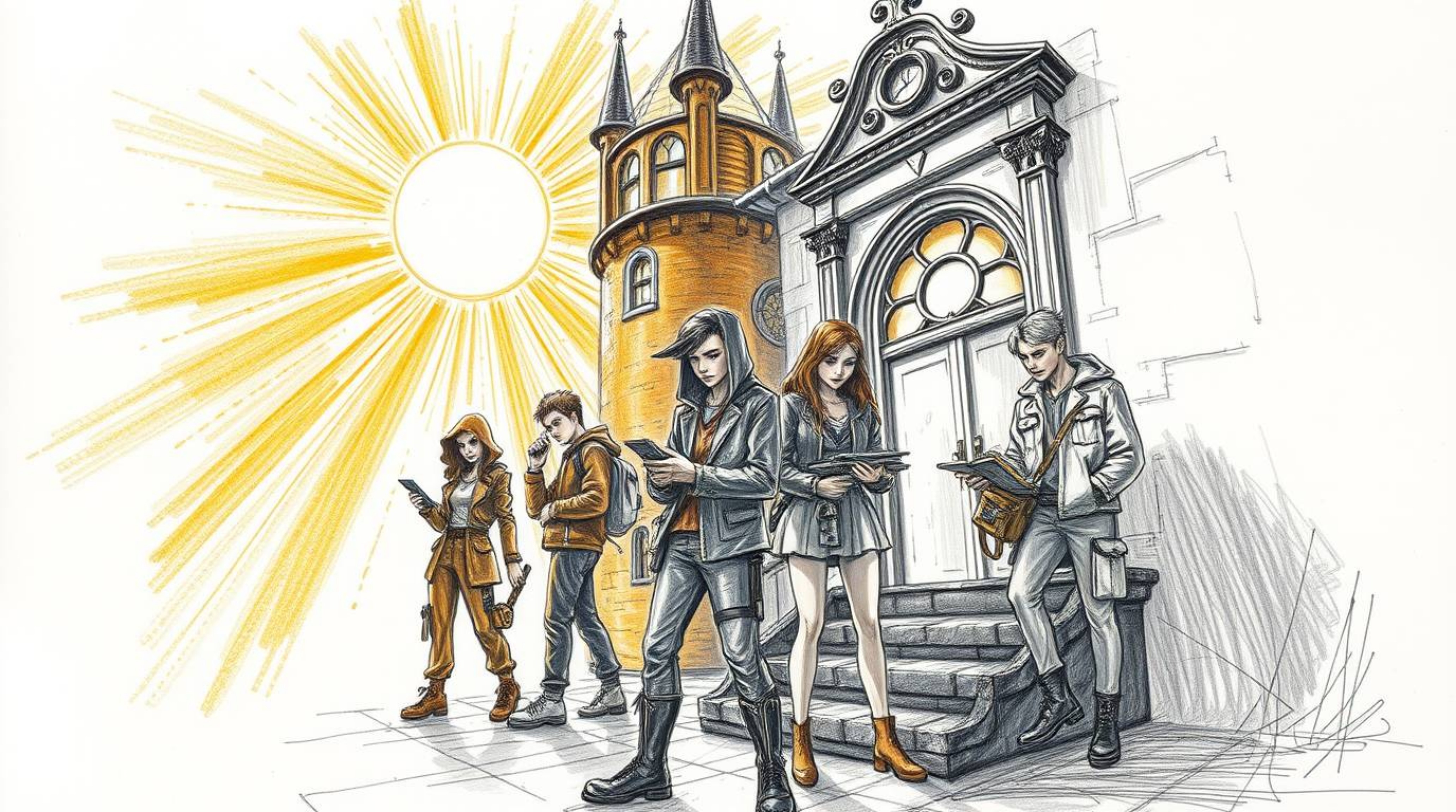 Discover a captivating hand-drawn sketch depicting a group of teenagers unraveling mysteries within a radiant, luxurious haun