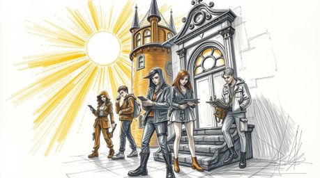 Discover a captivating hand-drawn sketch depicting a group of teenagers unraveling mysteries within a radiant, luxurious haun