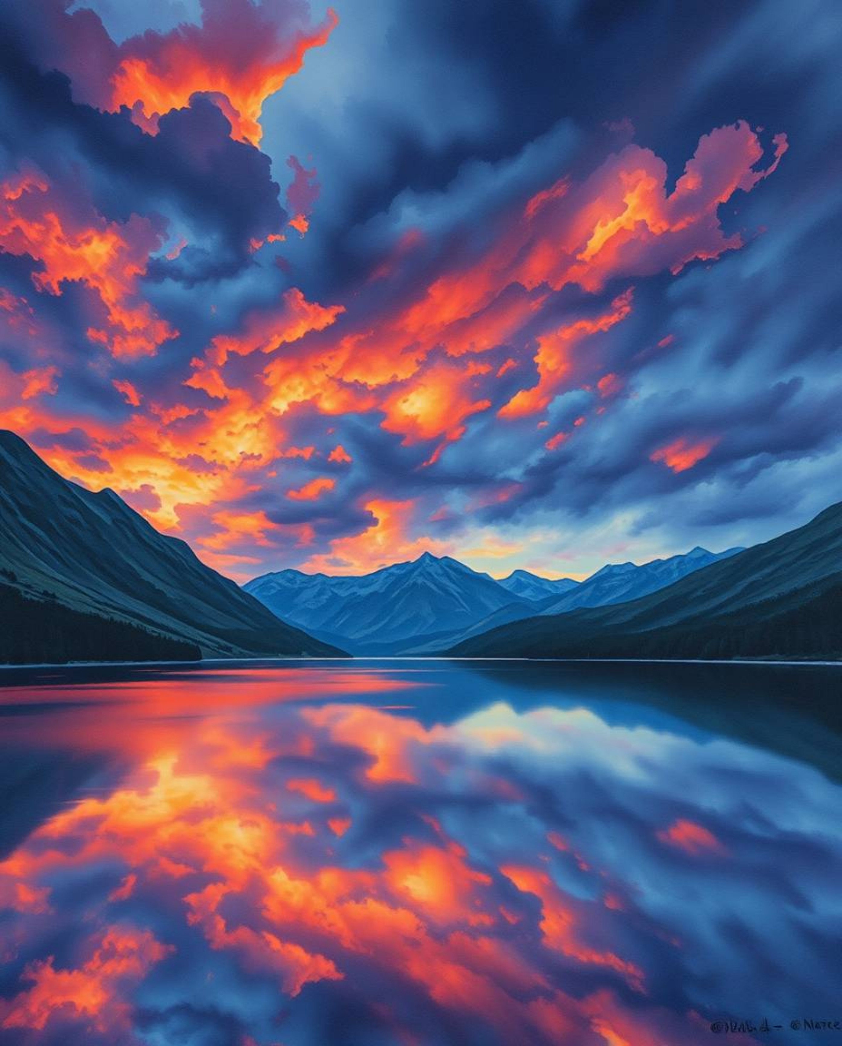 An iridescent watercolor painting captures a scene of intense, dramatic weather, featuring fiery clouds reflected in a mounta