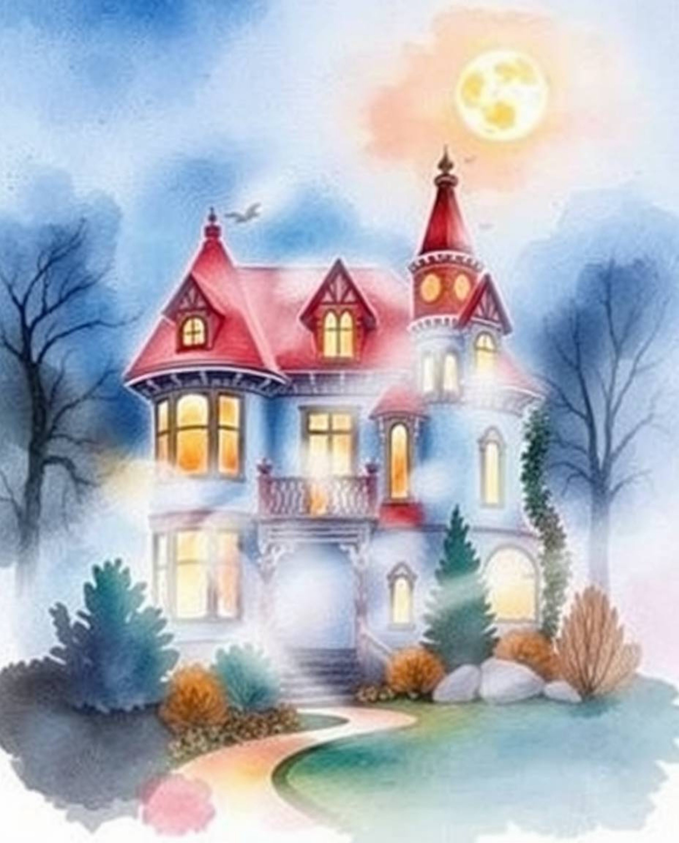 A delicate watercolor painting captures a fog-covered Victorian mansion bathed in moonlight. The artwork is rendered in vibra