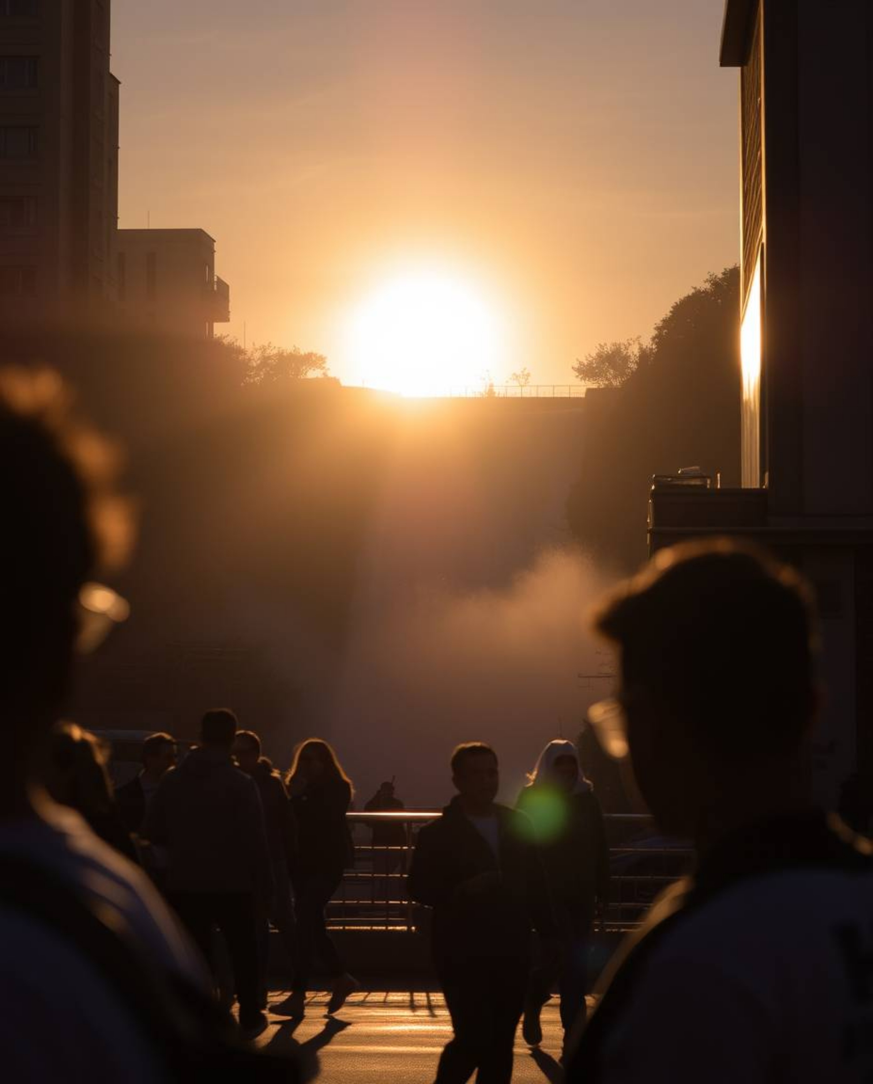 Candid street photography capturing harsh sunlight illuminating a sunset behind a dramatic waterfall, with strong shadows and